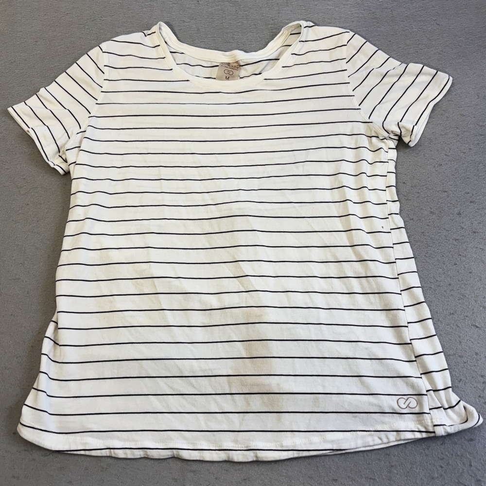 CALIA T-Shirt Womens Medium White Black Striped Short Sleeve Crew Neck Top